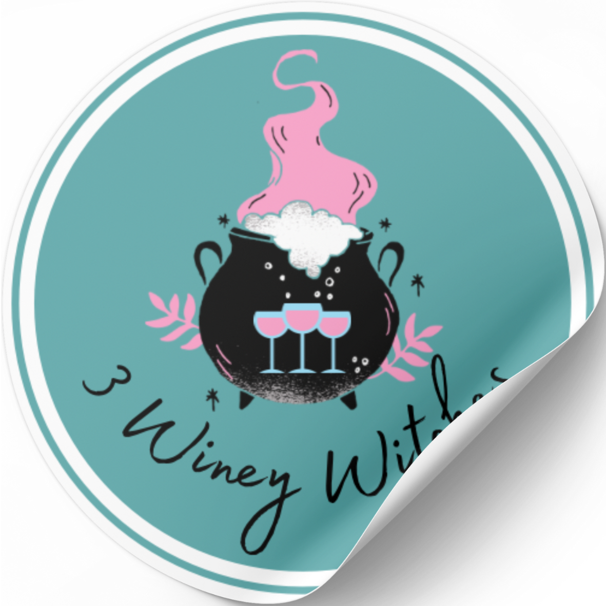 3 Winey Witches Wine and Cauldron Round Sticker
