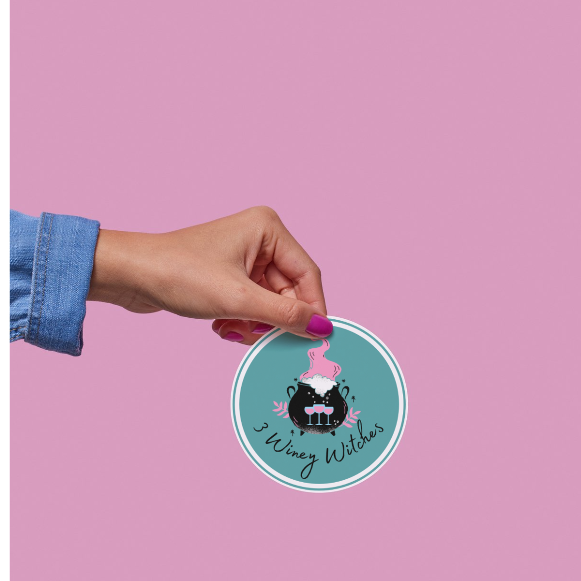 3 Winey Witches Wine and Cauldron Round Sticker